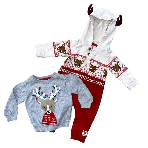 Christmas Baby Sweater & Reindeer Jumpsuit - Picture 1 of 8